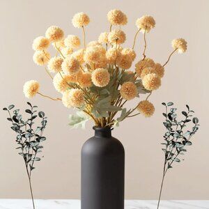 Yellow Faux Kiku Flowers for Vase 10 Long Stem Artificial Flower with Eucalyptus